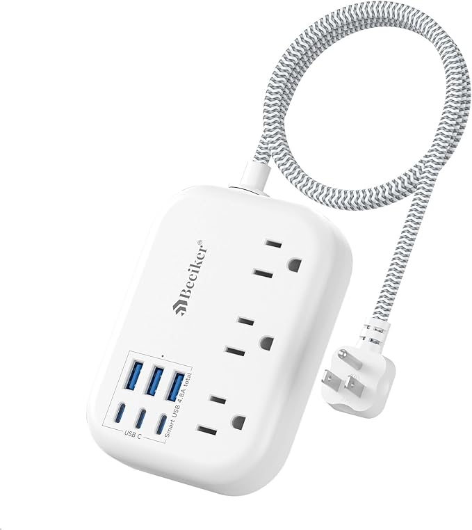 Beeiker Short Extension Cord 2 Foot- 6 USB(3 USB C) Travel Power Strip with 24W USB Charging Station and 3 Outlets, 2ft Small Flat Plug Extension Cord Surge Protector for Travel Home College Dorm 13A