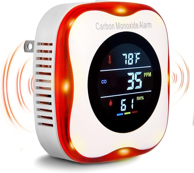 Vzmcov Plug-in Carbon Monoxide Detector with Real-time CO Display and Temperature and Humidity Monitor, Suitable for Home, RV, Apartment, Indoor air Safety Plug-in CO Compact Alarm