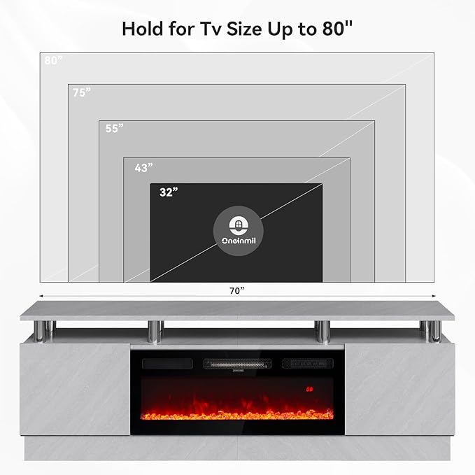oneinmil 36" Electric Fireplace Integrated TV Stand - 70" 2-Tier Console for TVs up to 80", Ideal for Living Room Settings, Gray