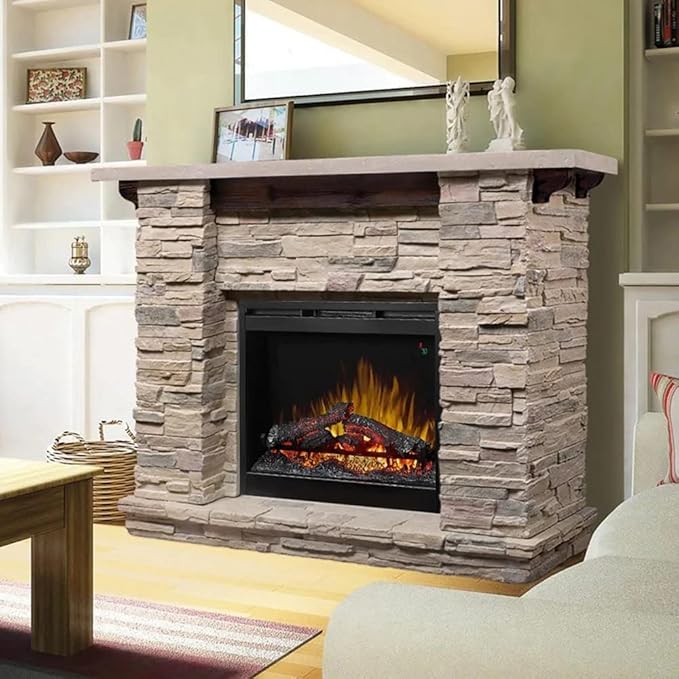 Dimplex Featherston Electric Fireplace with Mantel Surround Package | Pine with Gray Stone-Look, Includes 28" Electric Firebox Heater | 1500W | LED Flames | Remote Control | #GDS28L8-1152LR