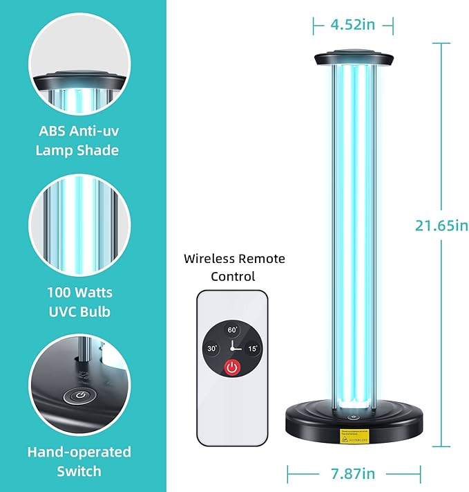 JTAPURE 100W UV Light, Ultraviolet Lamp Purifier for Whole Room & House, Ozone-Free, Home Disinfection Device with 3-Gear Timer Remote Control, UVC Lights, Purification for Bathroom, Toilet, Office