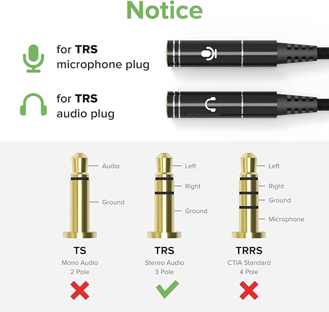 ChargeWorx 3.5mm Mic and Headphone Jack Splitter, Y-Splitter Adapter with High-Fidelity Sound Quality, Compatible with Smartphone, PC, Laptop, Tablet, and Gaming Consoles, Tangle-Free Cable