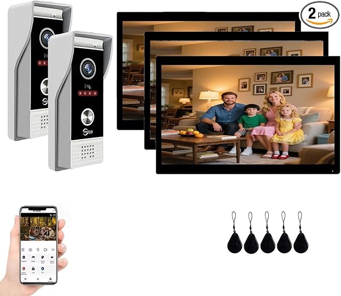 Video Doorbell Intercom System,10 Inches Touch Screen (Black) Video Doorbell Door Phone System,Support Remote Unlock, Dual-Way Intercom,Night Vision for Villa House Apartment (2-Camera + 3-Monitor)