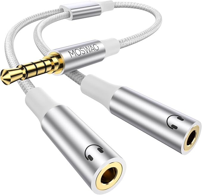 MOSWAG Headphone Splitter, 3.5mm Stereo Audio Splitter, Hi-Fi Sounds Extension Cable Audio Stereo Y Splitters, 3.5 mm Male to 2 Female (TRRS - 4 Pole) for Apple, Samsung, Tablets, Laptop, PC, Etc.