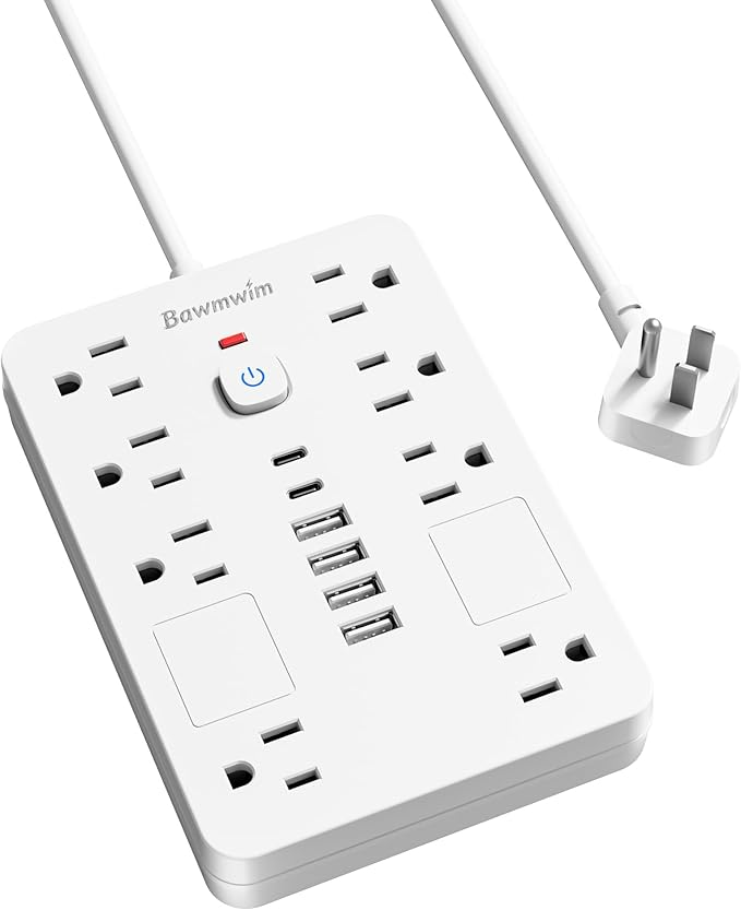 Bawmwim Surge Protector Power Strip - 8 Outlets(1850W/15A) with 6 USB Ports（2 USB C, 6FT Flat Plug Extension Cord, Wall Mount Multi Plug Outlet Extender, ETL Listed for Home, Dorm Room, White