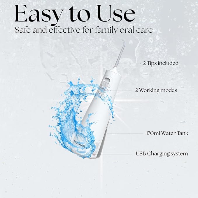 NOVAATOZ HydroAdvance Cordless Water Flosser for Teeth & Gums | Rechargeable Portable Oral Irrigator for Braces & Travel | Pulse Cleaning with 2 Flossing Tips | Waterproof Dental Care Device (White)