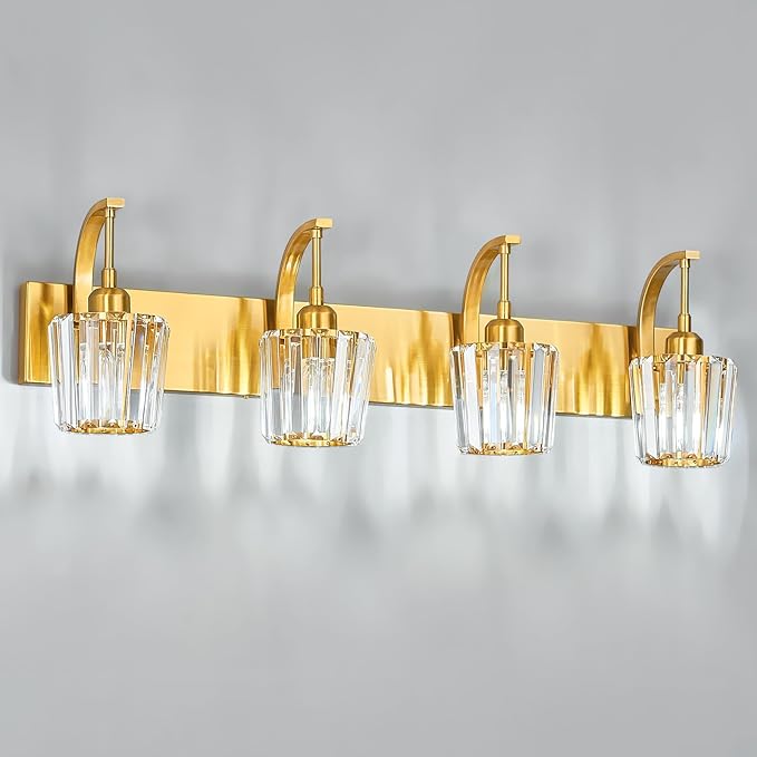 FDPBY Modern Bathroom Vanity Light, 4-Light Gold Wall Sconce with Crystal Accents, Over Mirror Bathroom Lighting Fixture, 32.67" Long Dimmable Vanity Lamp for Makeup, Easy Installation