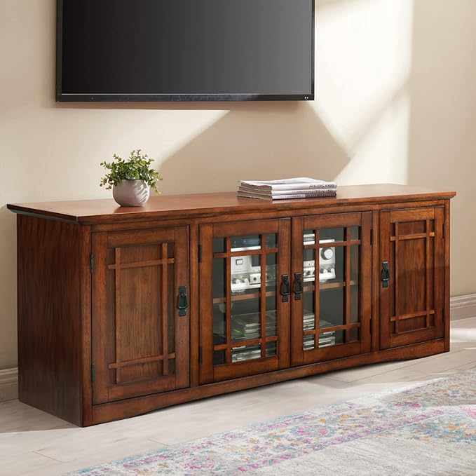 Leick Home 82360 Solid Wood Mission Oak Four Door TV Stand For 65" TVs Universal TV Console Living Room Storage Shelves Entertainment Center, Mission Oak