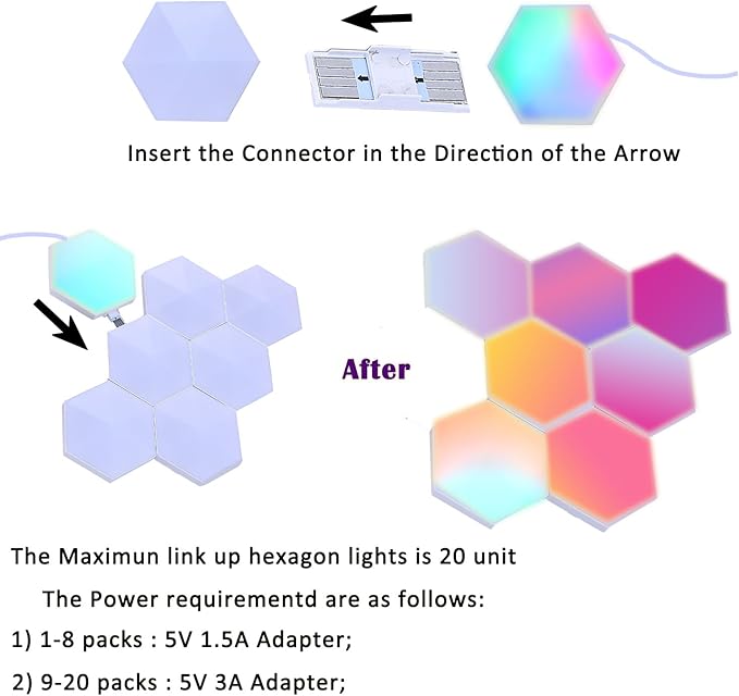 Smart Hexagon Lights DIY Hexagon Led Light App & Remote Controlled & Music Sync Features USB & Type C Modern RGB Wall Panels for Living & Gaming Decor (8Pack)