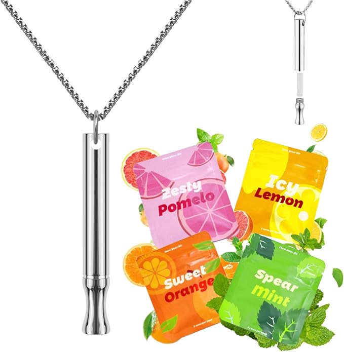 Replace Bad Habit Flavored Air Necklace with 12pcs Refillable Cores in 4 Flavors, Habit Support Refreshing Necklace for Stress Relief Sensory Fidget for Adults (Silver)