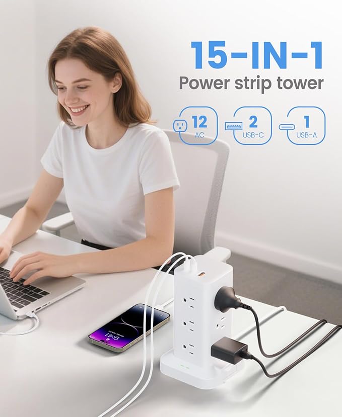Tagzilo 15-in-1 Power Strip Tower with Surge Protector 1800J, Fast Charging Tower PD20W USB-C Ports with 12 AC Outlets, 15ft Extension Cord for Home Office Dorm Room, White