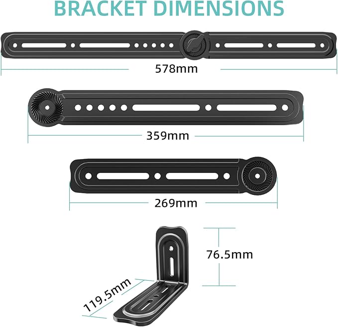 HCMOUNTING Soundbar Mount Bracket, Sound Bar Mounts Under TV or Above TV Fits Most Sound Bars Up to 20 Lbs, Soundbar TV Mount with 180° Adjustable Extension Plates and L-Shaped Hooks