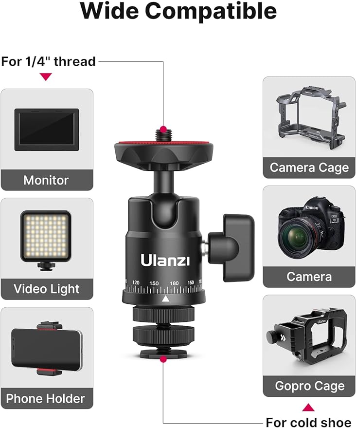 Mini Ball Head, ULANZI H28 Panoramic Tripod Head + Dual Hot Shoe Mount DSLR - Image 5