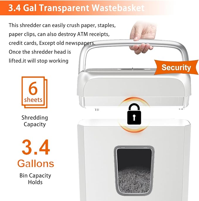 Bonsaii Low Noise Operation Paper Shredder, 6-Sheet Cross-Cut, Credit Card Shredder, Home Office, Handle for Document, Mail, Staple, 3.4 Gal Wastebasket, Easy-Carry Handle, White