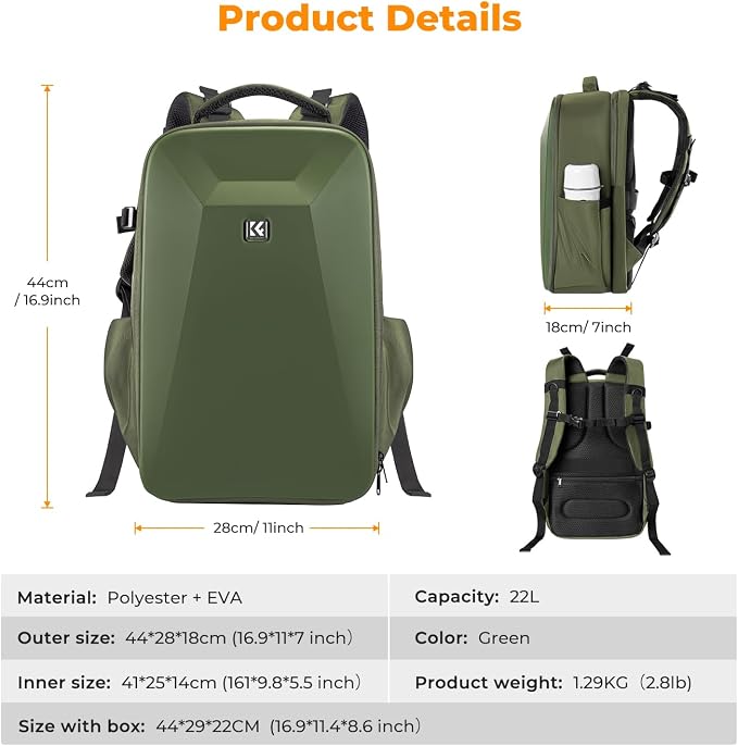 K&F CONCEPT Camera Backpack, Hardshell Photography DSLR Camera Bag - Image 7