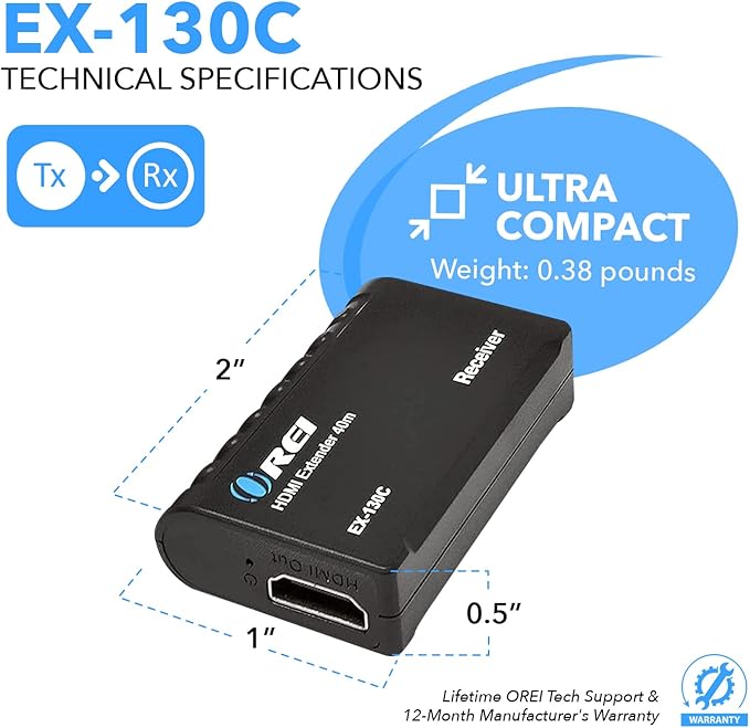 OREI 1080p HDMI Extender Over Ethernet up to 131 Feet - 1080@60Hz HDMI 1.4 HDCP 1.4, Over CAT6/7 Cable- Power Over Cable (EX-130C)