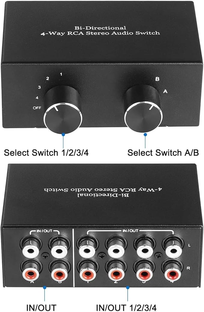 RCA L/R Audio Switcher, 4(2)-in-2(4)-Out Analogue Audio Switch, Noiseless Stereo Speaker Selector for Phono TV Headphones Soundbar PC Game, 4 Way Audio Splitter Box