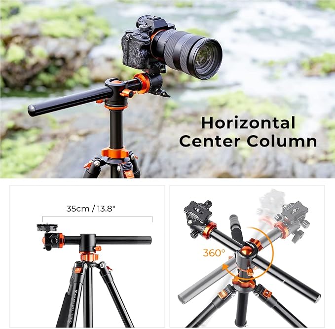 K&F CONCEPT 73 inch /186cm Camera Tripod, Transverse Center Column Aluminium - Image 3