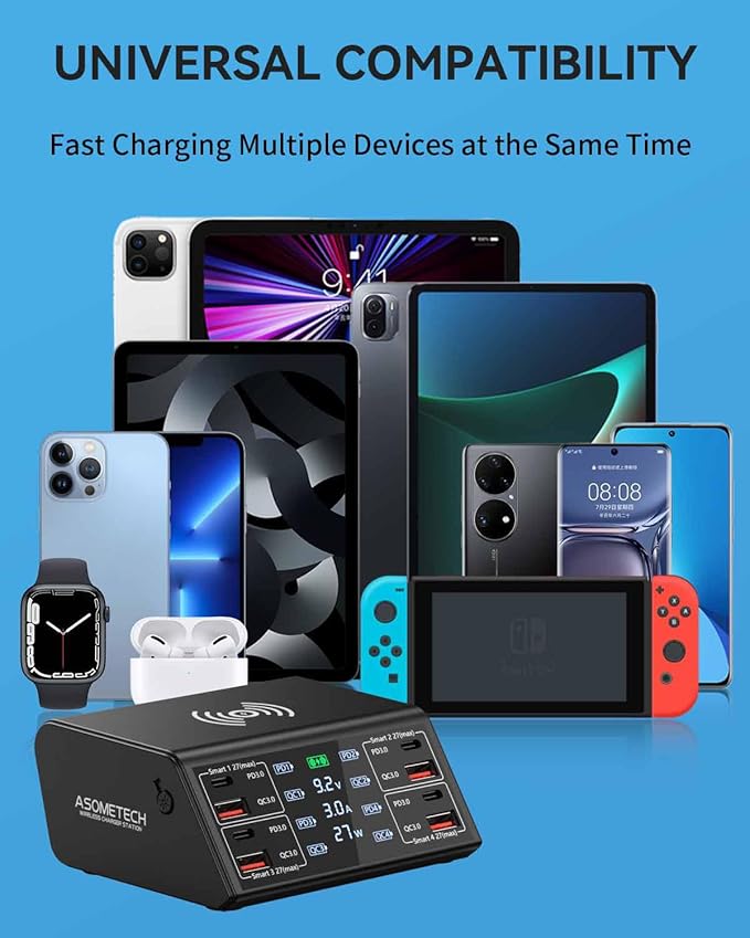 USB Charger, ASOMETECH 100W 8 Port Multiple USB Charging Station with 4 Quick Charge 3.0, 4 USB C PD Port, Wireless Charger, LCD Display Fast Charging Hub for iPhone 13 12 iPad Samsung and More