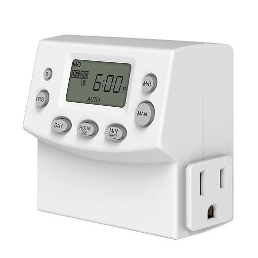 ENERLITES Heavy Duty Programmable Digital Plug-in Timer for Electrical Outlets, Timer Outlet for Lights, Lamps, Grounded Outlet, 7 Day Random, 120V 15A 1200W, HET07, White, 1 Pack