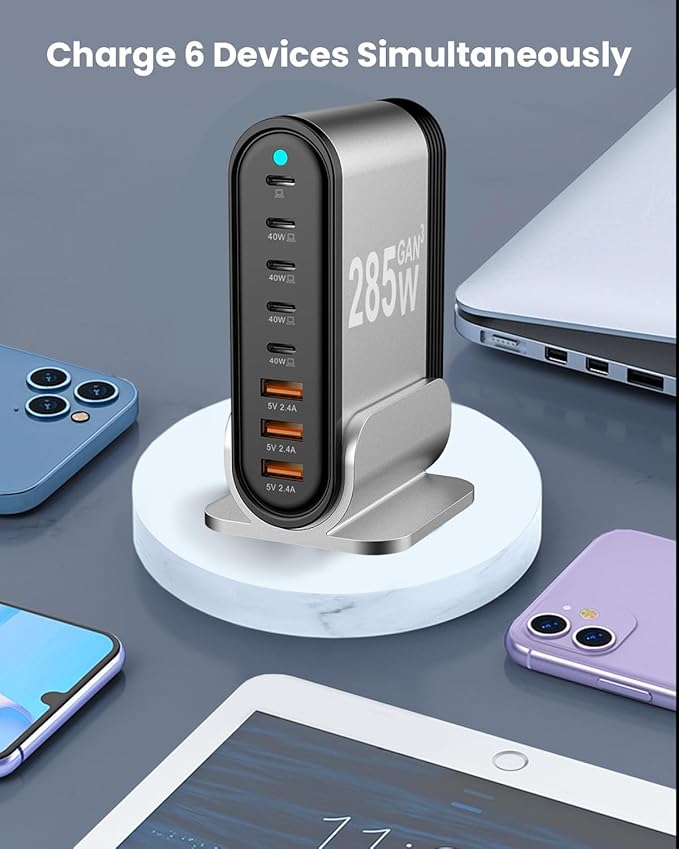USB C Fast Charger : Fast Charging Station : 285W-8 Port Desktop Multiple Devices Power Adapter for Laptop MacBook Pro/Air, DELL, Tablet iPad Pro/Air, iPhone 16/15/14, Galaxy S23/22