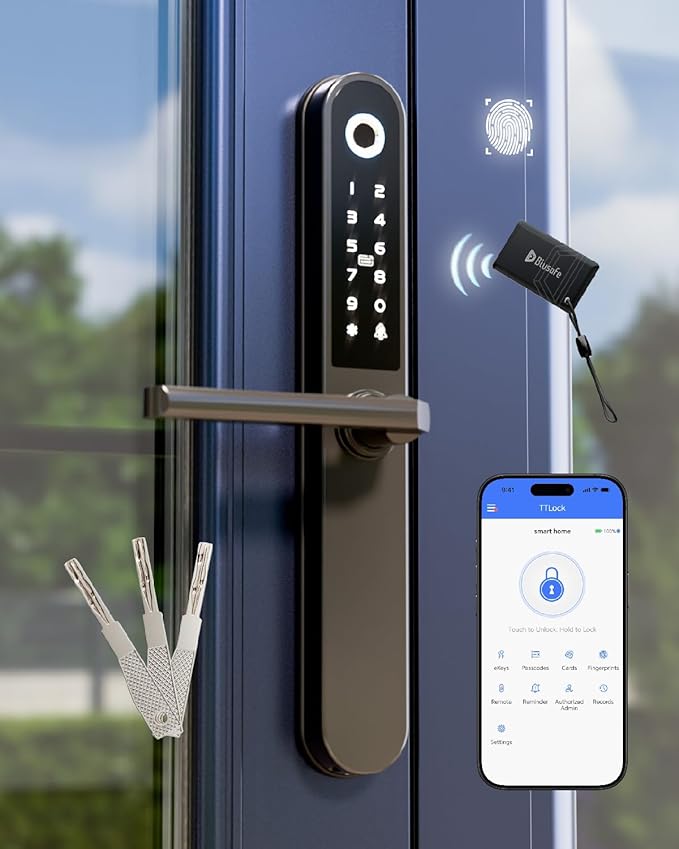 Smart Door Lock Fingerprint Door Lock with Keypad，Smart Lock for Front Door Children Proof IC Card,40–90mm Multipoint Locks (Not Suitable Patio Mortise Lock)（Apollo Black）