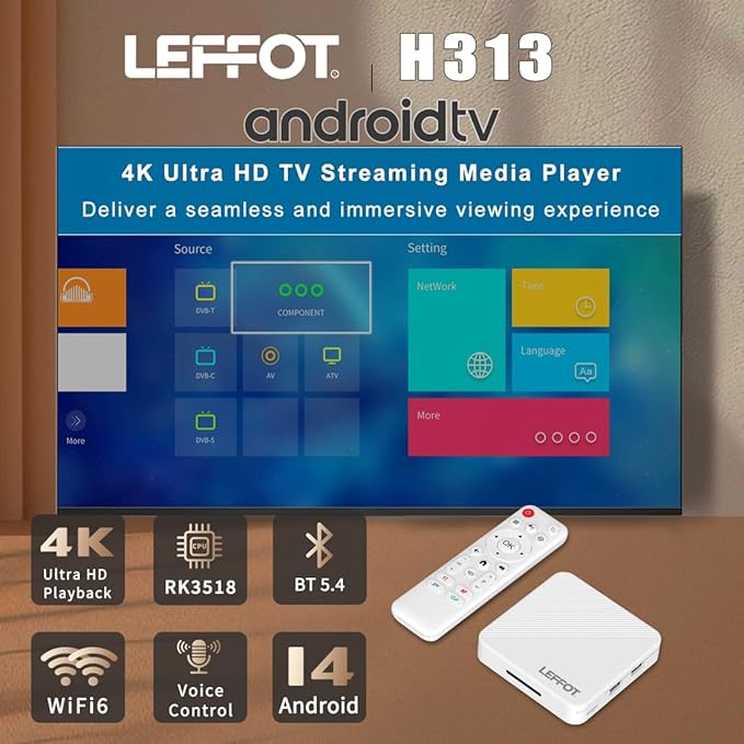 Android 14.0 TV Box 2025, LEFFOT H313 4K Ultra HD Streaming Device for TV with BT 5.4, 2GB RAM + 16GB ROM, Smart TV Box with Voice Remote, USB 3.0, HDR 10, 2.4G & 5G WiFi 6