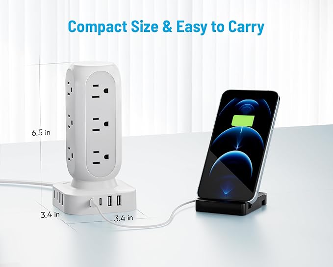 Flat Plug Power Strip Tower 15FT, 40W Total Fast Charging Station, Dual PD 20W USB-C Surge Protector with 12 AC Outlets and 8 USB Ports (4 USB C), Long Extension Cord for Home Office Dorm Room