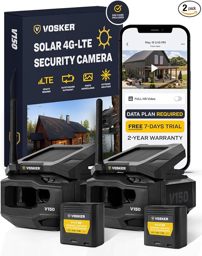 Vosker V150 Twin Pack Solar-Powered LTE Cellular Home Security Outdoor Camera | Motion Activated Photo Capture Nightvision Wireless Camera |Receive Photos (No Video) on Your Mobile App (2 Pack)