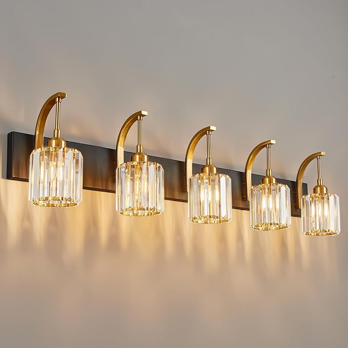 FDPBY 5-Light Crystal Vanity Light, Modern Black Gold Bathroom Wall Sconce with K9 Crystal Shades, 42.51" Long Over Mirror Lighting for Vanity, Makeup, Hallway, Elegant & Easy Installation