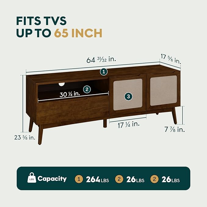 Calista TV Stand 1 Drawer 2 Door – Chestnut Finish Media Console with Open Shelf & Fabric Panel Doors, Mid-Century Modern Style with Tapered Legs, Easy Assembly