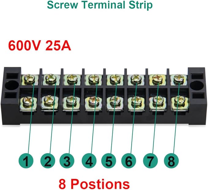 MILAPEAK Terminal Block and Strip - 4 pcs 8 Positions 600V 25A Dual Row Screw Terminals Strip with Cover + 8 pcs 400V 25A 8 Positions Pre-Insulated Terminal Barrier Jumper Strips Black & Red