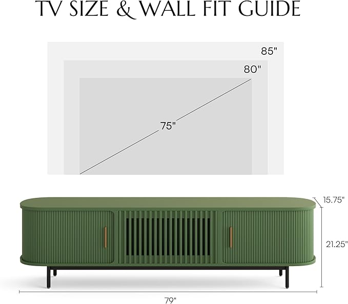 POVISON Fully-Assembled Modern Green TV Stand with Tambour Doors, Fluted TV Media Console for 75 Inch TVs, Sliding Door Entertainment Center with Storage for Living Room (Green, 78.74")