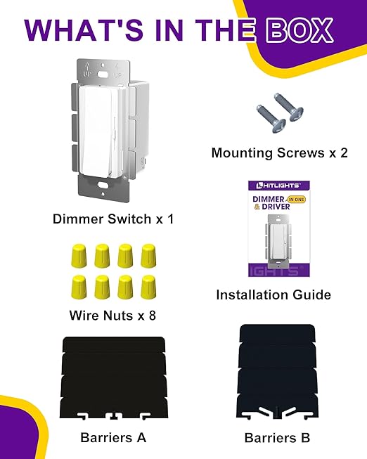 HitLights LED Driver and Dimmer Switch in One 100W, 120V AC to 24V DC, Compatible with Most Solid Color 24V Strip Tape Lights, UL Listed, Single-Pole/3-Way, EZDim Pro, White