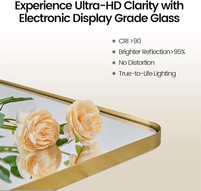 ANDY STAR 30"x48" Brass Gold Bathroom Mirror, Large Wall Mirror for Bathroom, Rounded Rectangle Mirror in Premium Stainless Steel Metal Frame Hangs Horizontal Or Vertical (Brushed Gold)