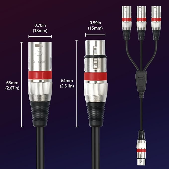 SiYear XLR Splitter Cable 3 Way - 1 XLR Female to 3 Male Patch Y Cable Balanced Microphone Splitter 3 in 1 Cord Audio Adapter (60cm/2FT)