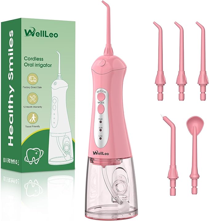 WellLeo Water Flosser for Teeth, Portable Oral Irrigator Rechargeable Water Dental Flosser Pick with High Pressure 5 Jet Tips, IPX7 Travel Water Flossing for Brace Teeth Cleaner Gum Care
