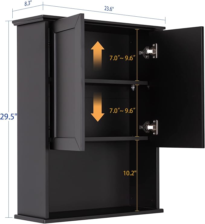 Black Bathroom Wall Cabinet 23x29 inch Wooden Bathroom Medicine Cabinet with 2 Doors and Adjustable Shelf, Wall Mounted Cabinet Over Toilet Storage Cabinet | 2 Doors, Adjustable Shelf, Wall Mounted, Over Toilet Storage