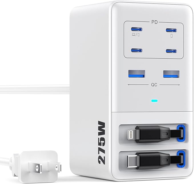USB C Charger 275W Charging Station with Retractable Dual Cables,Upgraded 8-in-1 GaN IV Fast Charging Hub Block+PD QC PPS 65W Laptop Adapter for MacBook Pro/Air,iPad,iPhone 17/Pro,Galaxy S24,Dell
