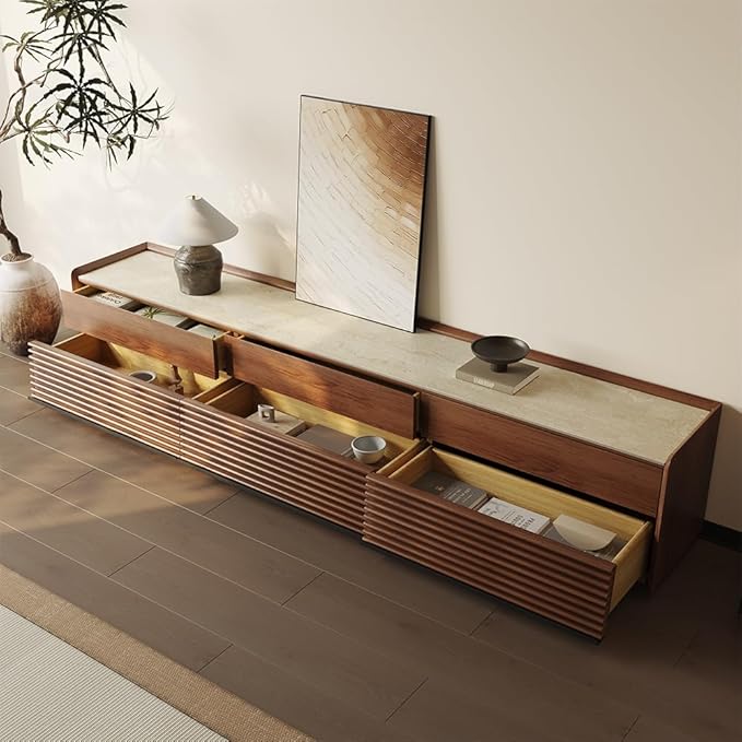 POVISON Fully-Assembled Mid Century Matte Sintered Stone TV Stand, 94.49" Wood Media Console with Adjustable LED Light, Entertainment Center with Storage for Living Room