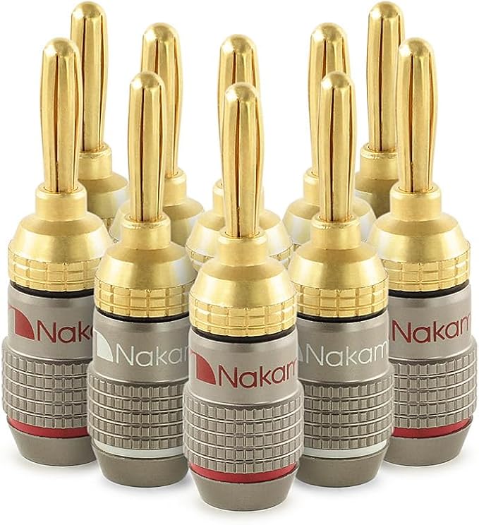 Nakamichi FanLock Excel Series 24k Gold Plated Banana Plugs 10 AWG - 18 AWG Gauge Size 4mm for Speakers Amplifier Hi-Fi Stereo Home Theatre Radio Audio Wire Cable Quick Connector, 10 Pcs (5-Pairs)
