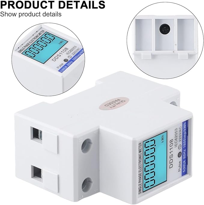 Digital Energy Meter LCD Display 50A 60A Single Phase Power Monitor Electric Consumption Meter with Backlight LED Pulse Indicator for Industrial Commercial Use(With backlight)