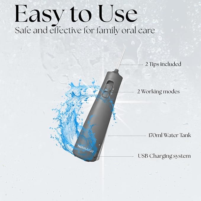 NOVAATOZ HydroAdvance Cordless Water Flosser for Teeth & Gums | Rechargeable Portable Oral Irrigator for Braces & Travel | Pulse Cleaning with 2 Flossing Tips | Waterproof Dental Care Device (Gray)