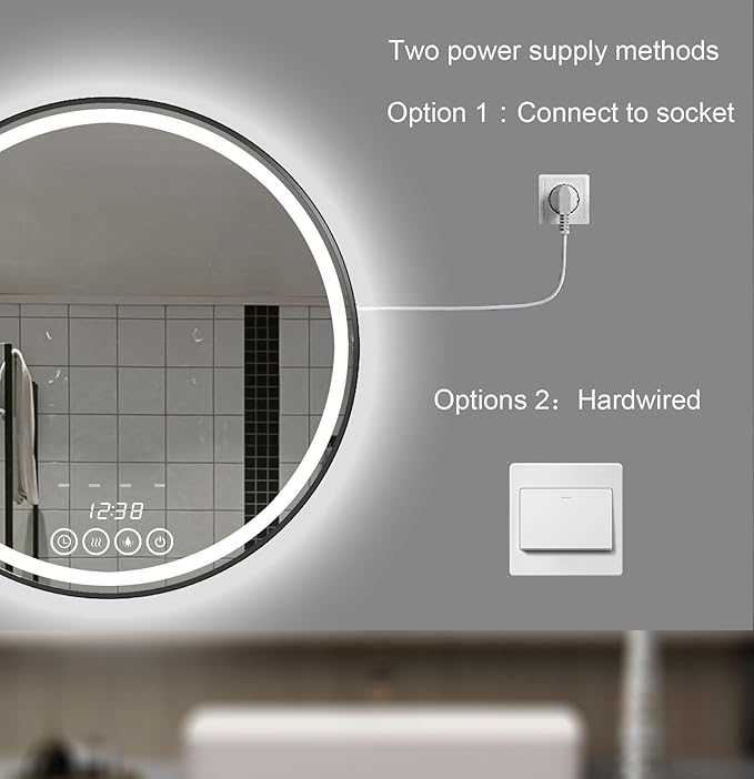 28 Inch Wall-Mounted Round Bathroom Mirror with LED-Lights - Frame Vanity Mirrors (28" x 28", Black)