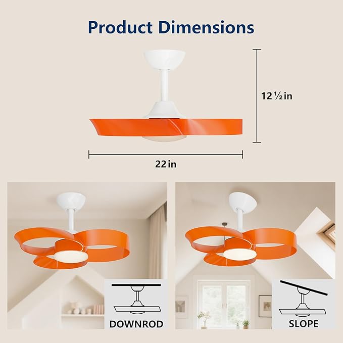 FANX 22 Inch Ceiling Fan with Light and Remote, Quiet DC Motor, Dimmable LED, Reversible 3-Speed Control, Easy Installation Flush Mount Fan for Small Rooms (Tangerine)