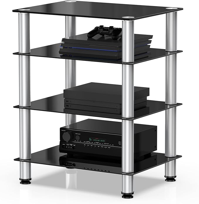 FITUEYES 4-Tier Media Stand Audio/Video Component Cabinet with Glass Shelf for/Apple Tv/Xbox One/ps4 Panda Silver Color