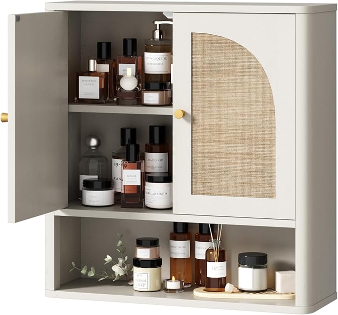 RUSTOWN Rattan Bathroom Wall Cabinet, Over The Toilet Storage Cabinets with 2 Arched Doors, Modern Medicine Cabinet with Adjustable Shelf & Rounded Edges, Mid-Century Bathroom Organization