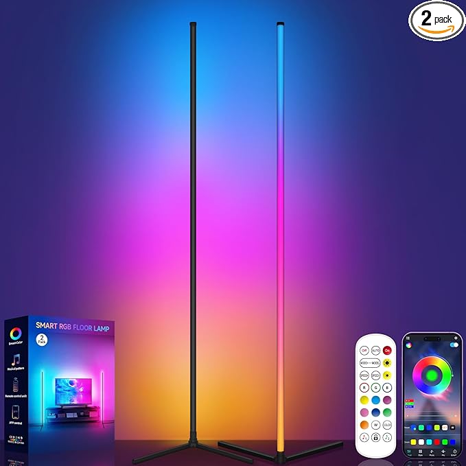 Tyute Corner Floor Lamp, RGB LED Corner Lamp with Music Sync, Smart App and Remote Control Color Changing Ambience Light, 16 Million Colors for Bedroom, Living Room Gaming Room (2pcs)