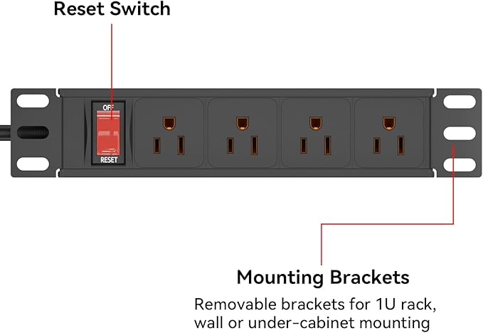 10" Rack PDU- 1U (4Outlets) 10-inch Mini Rack Power Distribution Unit with Protection (125V/15A 6ft Cable), Network Cabinet Rack Mount Power Strip (Wall, Desktop, or Server Rack Mountable)