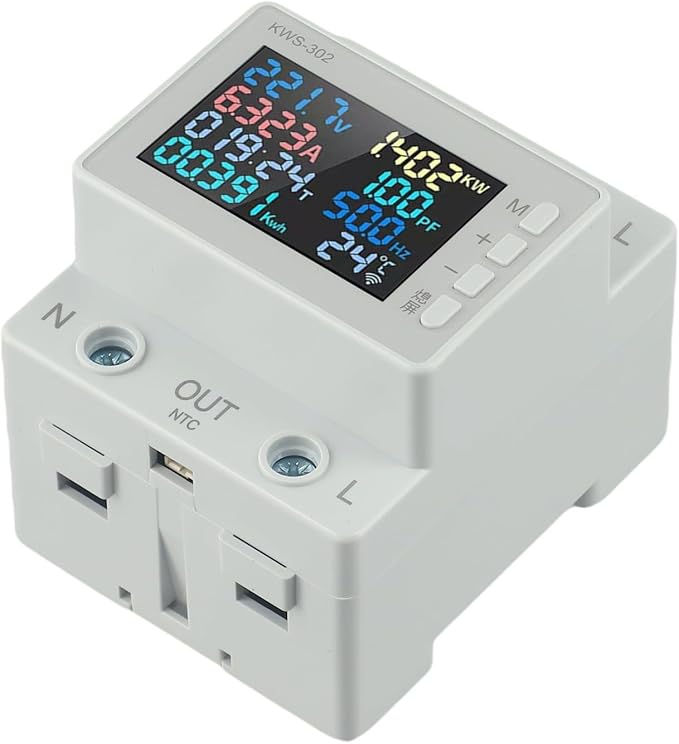 LCD Digital Energy Meter, Single Phase Energy Meter, Din Rail Electricity Usage Monitor, Power Usage Monitor AC170V~270V Power Voltage Meter(KWS-302)